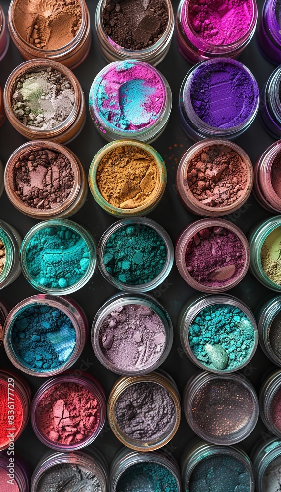 Poster A close-up view of colorful makeup pigments and powders in small jars, arranged in a grid. Generative AI