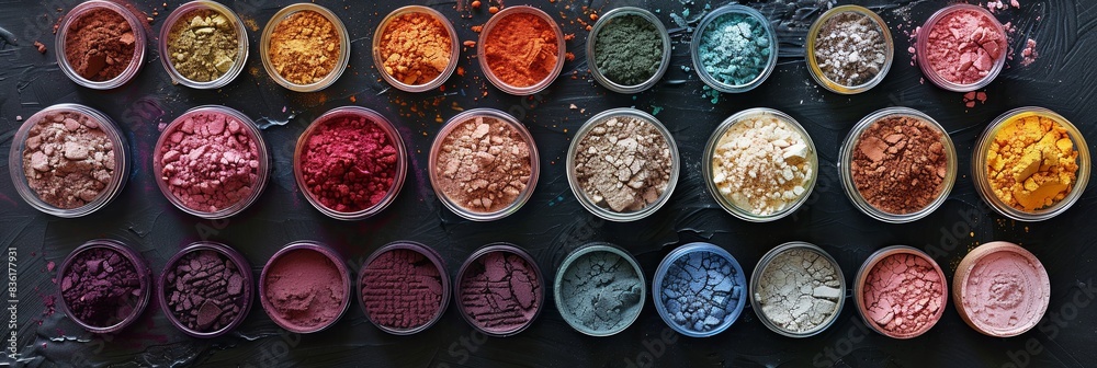 Poster a collection of colorful makeup pigments and powders in small jars, arranged on a dark surface. gene