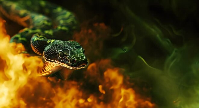 snake among fire and flames, video of smoke movement, black background, empty space for text