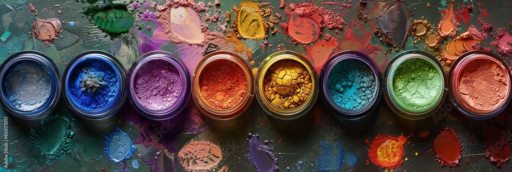Poster close-up of colorful makeup pigments and powders in small jars. generative ai