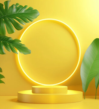 3D rendering of a yellow background with a podium scene for product display presentation	

