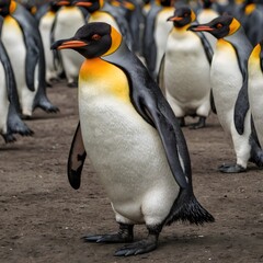 Obraz premium Adult King Penguin standing amongst a large group of nearly fully grown chicks