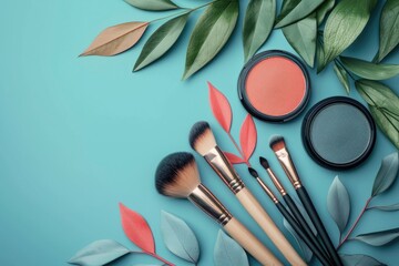 Various makeup cosmetics and makeup accessories on a blue background. professional makeup tools. top view - Powered by Adobe