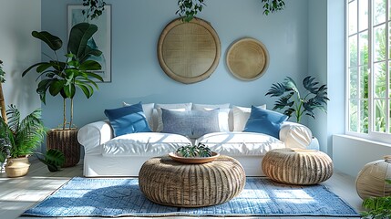 A coastal-themed living room with white and light blue walls, decorated with nautical accents and a wicker coffee table.