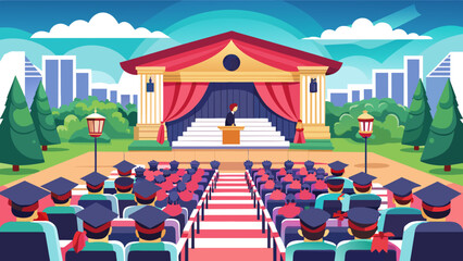 An illustration of a graduation ceremony with a speaker on stage and graduates seated. The setting reflects the formal and celebratory nature of the event.