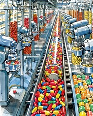 A detailed view of a pharmaceutical manufacturing line with colorful capsules and robotic machinery for efficient production.