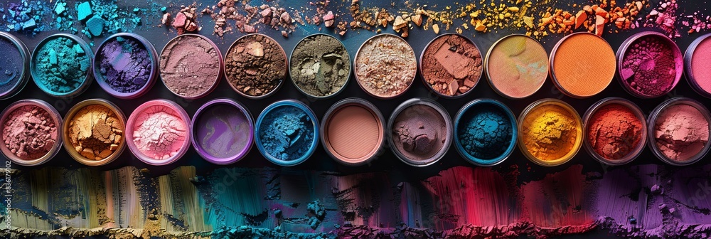 Poster assorted colorful makeup pigments and powders in small jars, arranged artistically. generative ai
