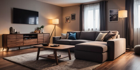   A cozy minimalist living room with a plush area rug, a low-profile sectional sofa, and a floor lamp with a minimalist shade  