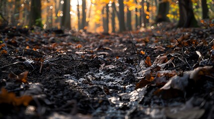 Obraz premium Close-up of forest floor with fallen leaves and sunlight through trees.