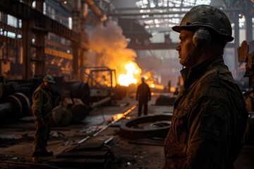 Fototapeta premium a worker giving a briefing at a steel factory, with some workers wearing hard hats and working standing behind him at a steel factory, warm color