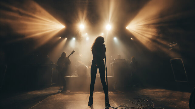Silhouette of a female singer with band on the stage.