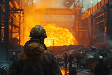 Obraz premium a worker giving a briefing at a steel factory, with some workers wearing hard hats and working standing behind him at a steel factory, warm color