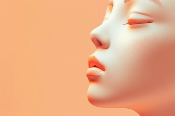 Close-up of a serene woman's face with eyes closed, bathed in soft orange light. Elegant beauty highlighting peaceful and dreamlike expression.