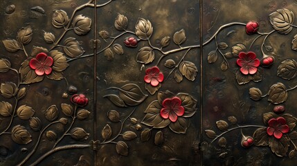 Intricate carved floral design on a dark wooden surface