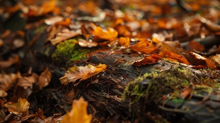 Close-up of fallen autumn leaves on mossy ground in forest.