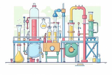 Colorful and intricate illustration of a laboratory setup with various chemical apparatus and equipment, perfect for educational purposes.