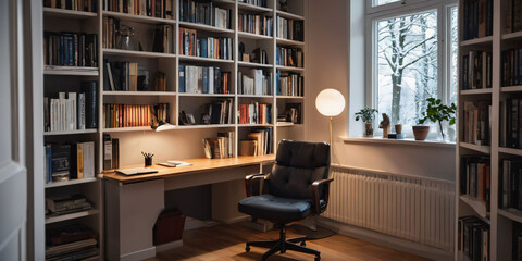    A cozy Scandinavian home office with a plush area rug, a low-profile desk, and a floor lamp with a minimalist shade   