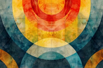 Fototapeta premium Colorful geometric abstract art with overlapping circles in shades of red, yellow, blue, and green, creating a modern design.