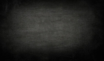 Chalkboard or black board texture abstract background with grunge dirt white chalk rubbed out on blank black billboard wall