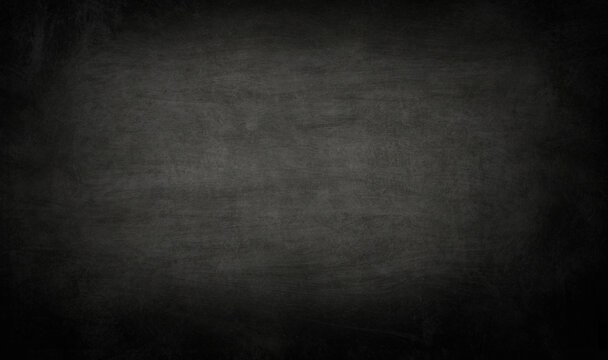 Chalkboard or black board texture abstract background with grunge dirt white chalk rubbed out on blank black billboard wall