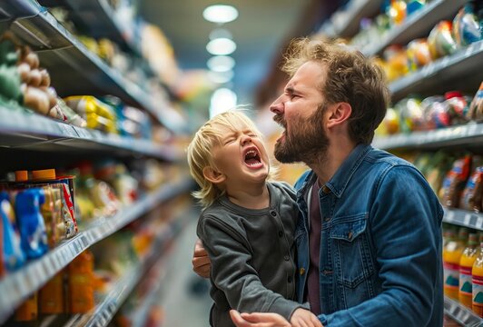 A parent tries to calm down a screaming child in a supermarket aisle, highlighting the stress of managing a tantrum in public.