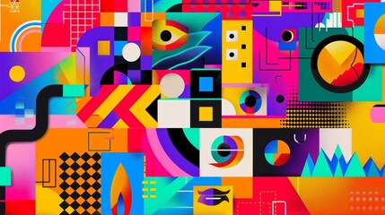 Obraz premium A vibrant canvas explodes with a dynamic interplay of geometric shapes and colors, igniting the imagination and stimulating the senses in a visual symphony.