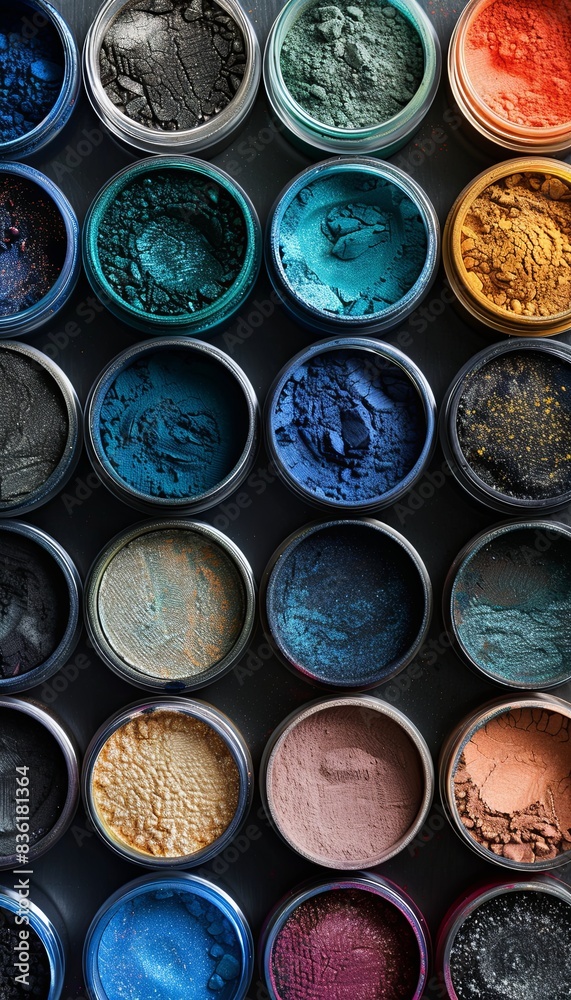 Poster Close-up of assorted colorful makeup pigments and powders in small jars, arranged in a grid pattern. Generative AI