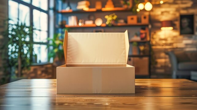 Open, empty white box on a wooden table with green plants and twine balls nearby. The scene evokes eco-friendly, natural, and sustainable packaging in a cozy environment.