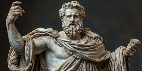 a statue of a man with a beard holding a fist up in front of a dark background .