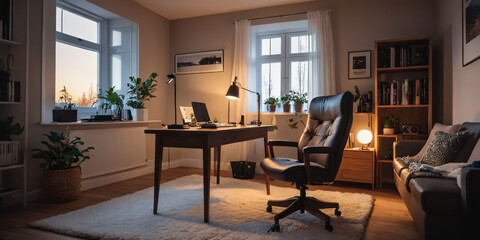    A minimalist Scandinavian home office with a sleek wooden desk, a single chair, and a floor-to-ceiling window with a cityscape view   
