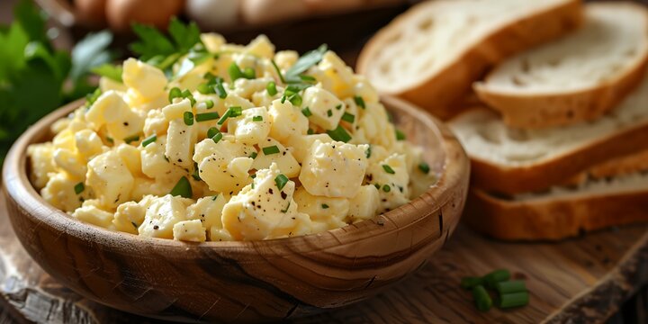 a bowl of eggs and bread on a wooden tray with parsley on the side
