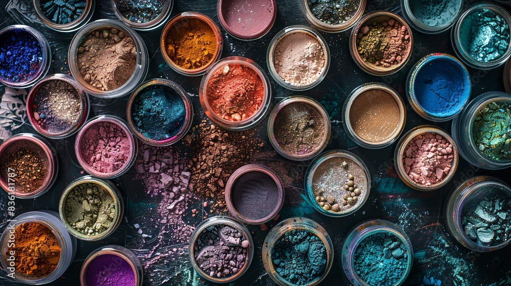 Aufkleber Close-up of colorful makeup pigments and powders in small jars arranged on a dark surface. Generative AI