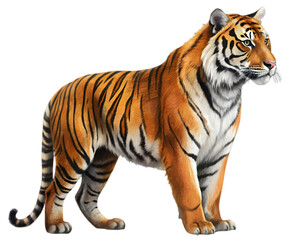 Bengal Tiger Side View Illustration, Isolated on White Background, Perfect for Wildlife Conservation and Nature Design Projects	