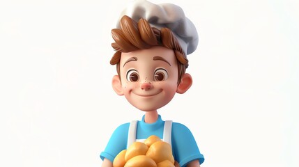Stylized 3D cartoon young boy as a baker, no logo, white background, high quality 8k