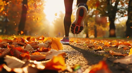 Close-up of running shoes on a path covered in autumn leaves.