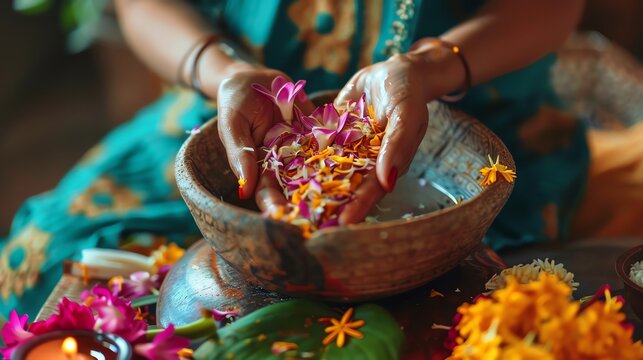 A woman practicing Ayurveda selfcare routines, showcasing traditional wellness practices, close up, theme ancient wisdom, vibrant, composite, backdrop cozy bathroom