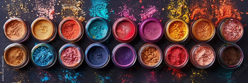 Poster Close-up of assorted colorful makeup pigments and powders in small jars, arranged in a line. Generative AI