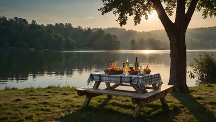 Obraz premium serene ambiance of a lakeside picnic against a gradient background ai_generated