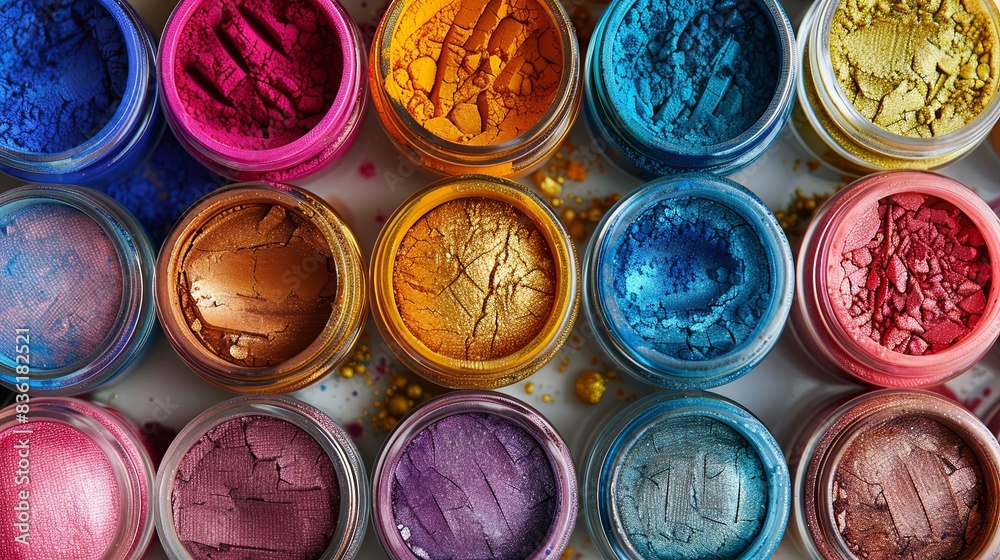Poster An assortment of colorful makeup pigments and powders in small jars arranged in a grid. Generative AI