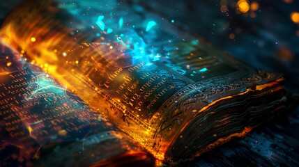 Fototapeta premium Wizardry spellbook, ancient runes, close up, vibrant colors, double exposure silhouette with magical text