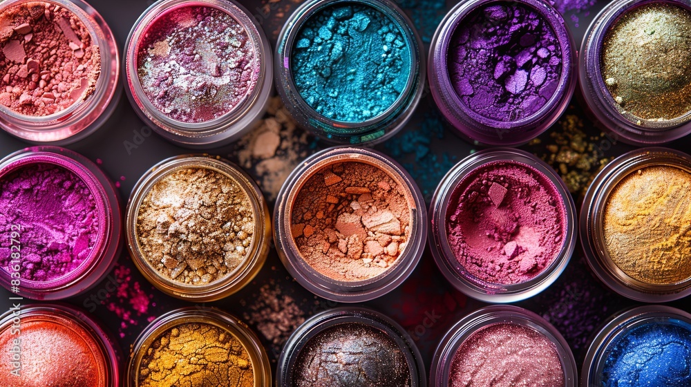 Poster A close-up view of assorted colorful makeup pigments and powders in small jars, arranged artistically. Generative AI