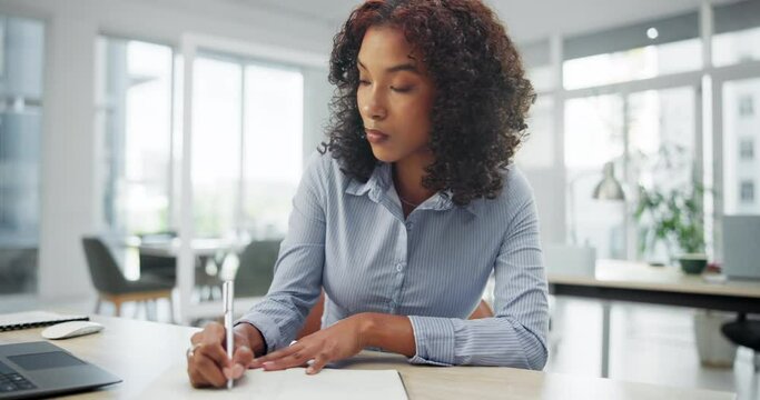 Business woman, documents and writing with laptop for schedule planning, tasks or research at office. Female person or employee taking notes, paperwork or computer for agenda or project at workplace