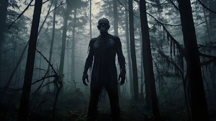 Humanoid monsters in the misty forest. A zombie is found in the dark forest. Horror or halloween concept. Tall, strange and scary human silhouettes. Death awaits. Generative AI