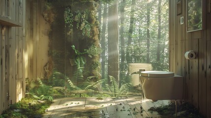 Overgrown bathroom with a toilet and a window overlooking a lush forest.