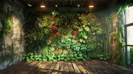 Obraz premium A lush green wall of plants in an industrial loft setting, creating a serene and inviting atmosphere.
