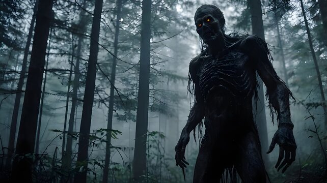 Humanoid monsters in the misty forest. A zombie is found in the dark forest. Horror or halloween concept. Tall, strange and scary human silhouettes. Death awaits. Generative AI