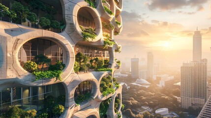 Modern, futuristic skyscraper with circular balconies and lush greenery against a city skyline.