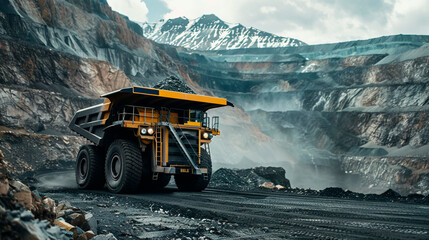 Large yellow mining dump truck hauling coal uphill in a quarry in the mountains	