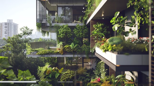 Modern apartment building with green balconies and lush vegetation, creating a sustainable and eco-friendly urban environment.