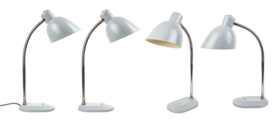 (restored) minimalist vintage light grey desk lamp isolated over a transparent background, office, workspace, reading, or interior design element, flexible lighting, different positions, side view